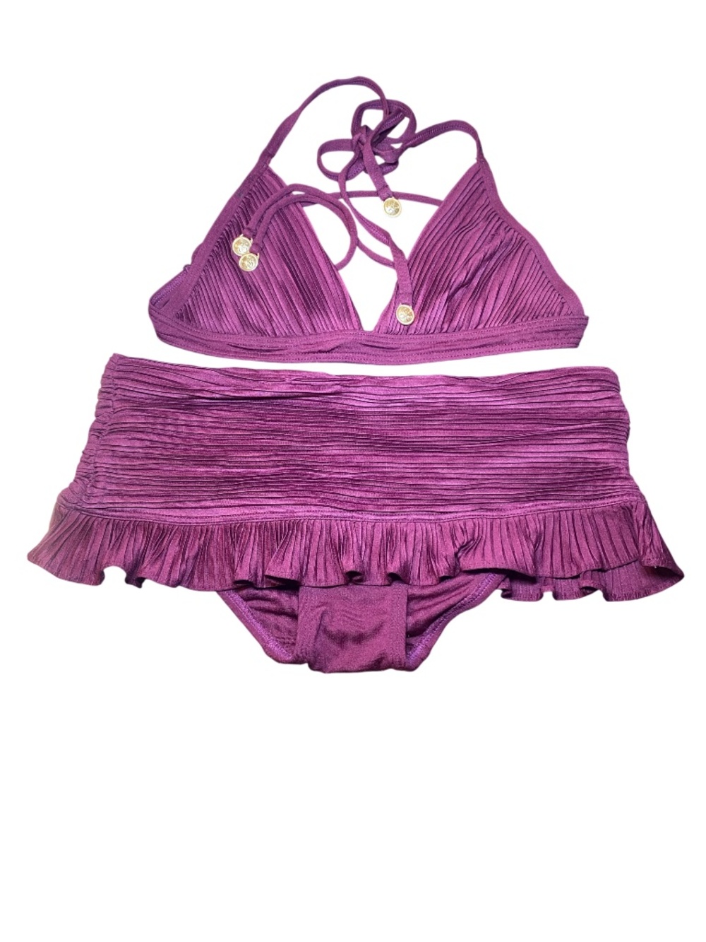 Vintage Juicy Couture Burgundy Pleated Ruffle Skirt Bikini Set Swimsuit Sz P